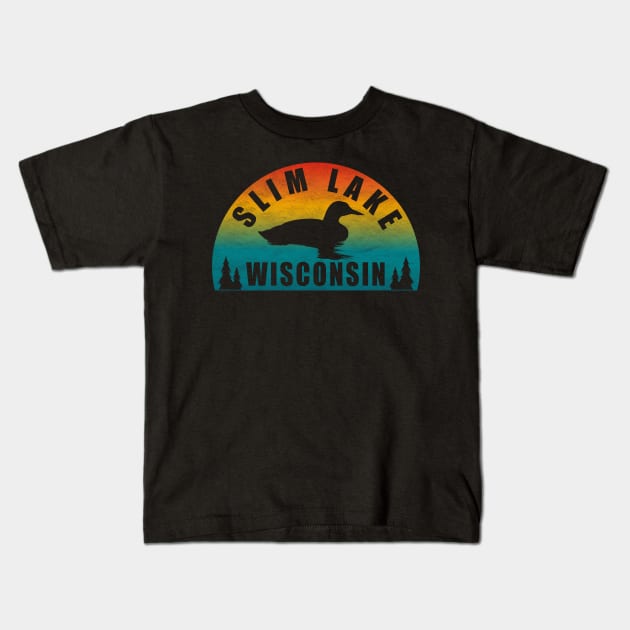 Slim Lake Northern Wisconsin Sunset Loon Kids T-Shirt by BirdsEyeWorks